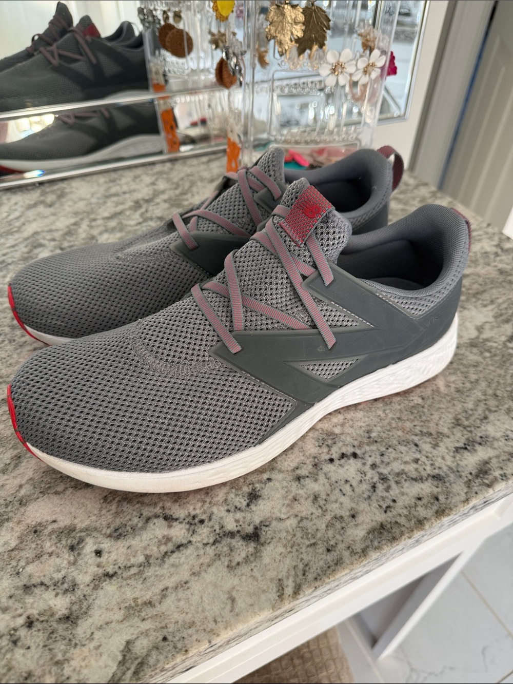 New Balance Gray Mesh Athletic Sneakers with Red Accents 13 4E wide
